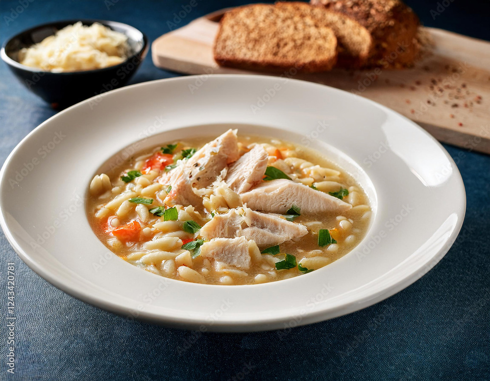 A comforting bowl of chicken noodle soup with shredded meat, pasta, and fresh herbs is served in a white bowl alongside crusty bread. A comforting bowl of chicken noodle soup with shredded meat, pasta, and fresh herbs is served in a white bowl alongside crusty bread.