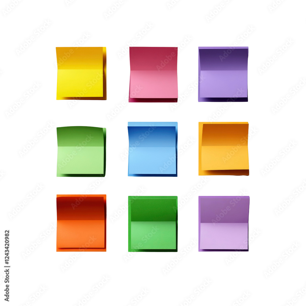 Nine Colorful Sticky Notes Arranged in a Grid on a Transparent background Nine Colorful Sticky Notes Arranged in a Grid on a Transparent background