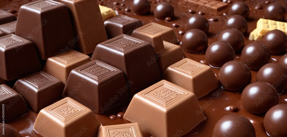 liquid chocolate background with some chocolate balls, with some pices of chocolate bars around the design