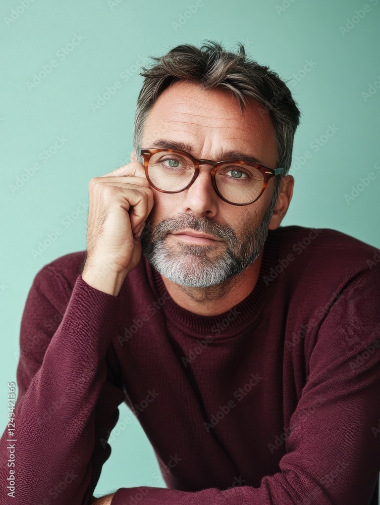 Middle-aged man in maroon sweater and tortoiseshell glasses poses thoughtfully against a vibrant mint green backdrop Middle-aged man in maroon sweater and tortoiseshell glasses poses thoughtfully against a vibrant mint green backdrop