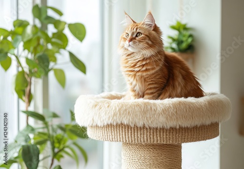 Cozy Ginger Cat Relaxing on Soft Cat Tree with Natural Light and Indoor Greenery in a Stylish Living Space photo