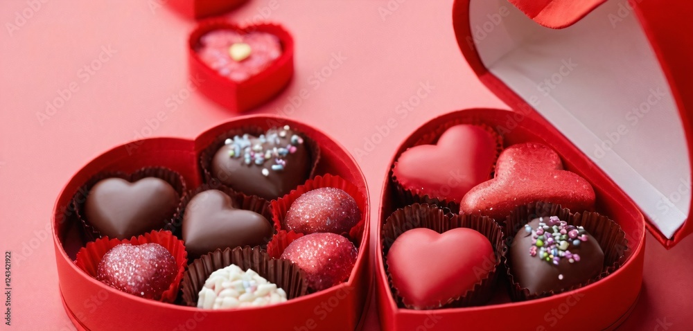 valentine's day chocolate candies in red heart shaped box