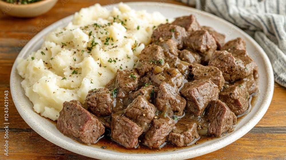 Brown Beef Stew with Creamy Mashed Potatoes on a Wooden Table Brown Beef Stew with Creamy Mashed Potatoes on a Wooden Table