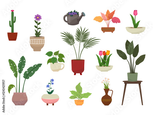 Set of houseplants in pots for home, office, coffeshop, store. rendy home decor with plants, urban jungle. Green garden floral collection. Flat vector illustration isolated on transparent background 