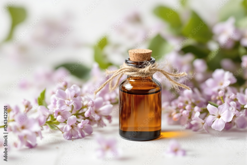 Brown glass bottle with cork and twine surrounded by lilac flowers on a white background. Concept of natural skincare, aromatherapy, and wellness. Ai generative Brown glass bottle with cork and twine surrounded by lilac flowers on a white background. Concept of natural skincare, aromatherapy, and wellness. Ai generative