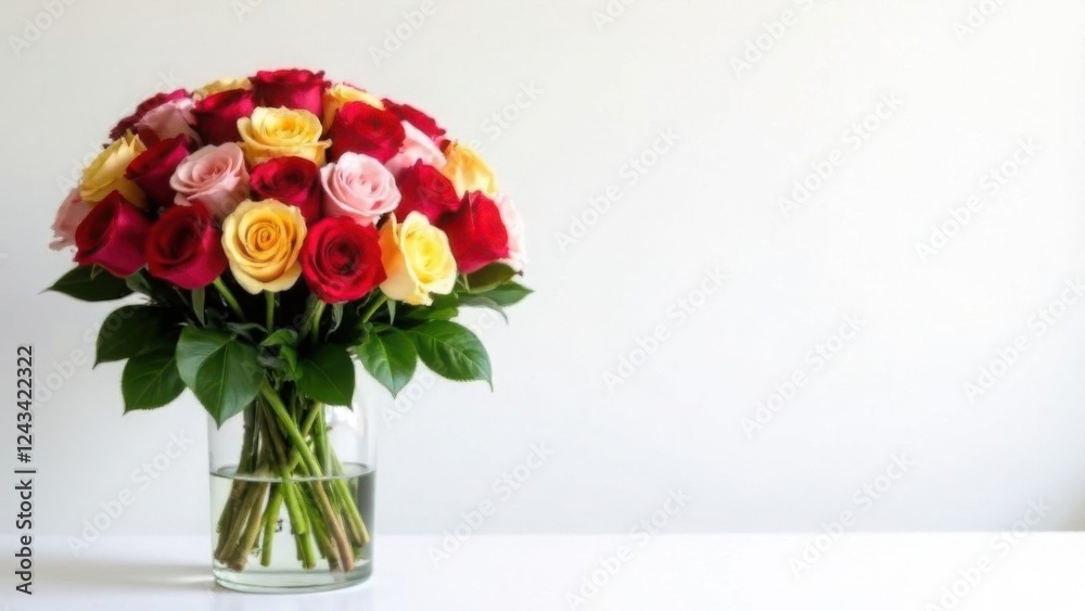 custom made wallpaper toronto digitalLarge bouquet of multicolored roses in transparent vase on white background with space for text, card template