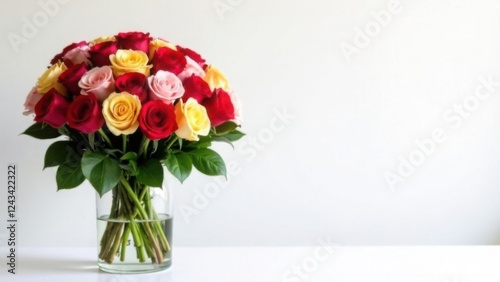 Wallpaper Mural Large bouquet of multicolored roses in transparent vase on white background with space for text, card template Torontodigital.ca