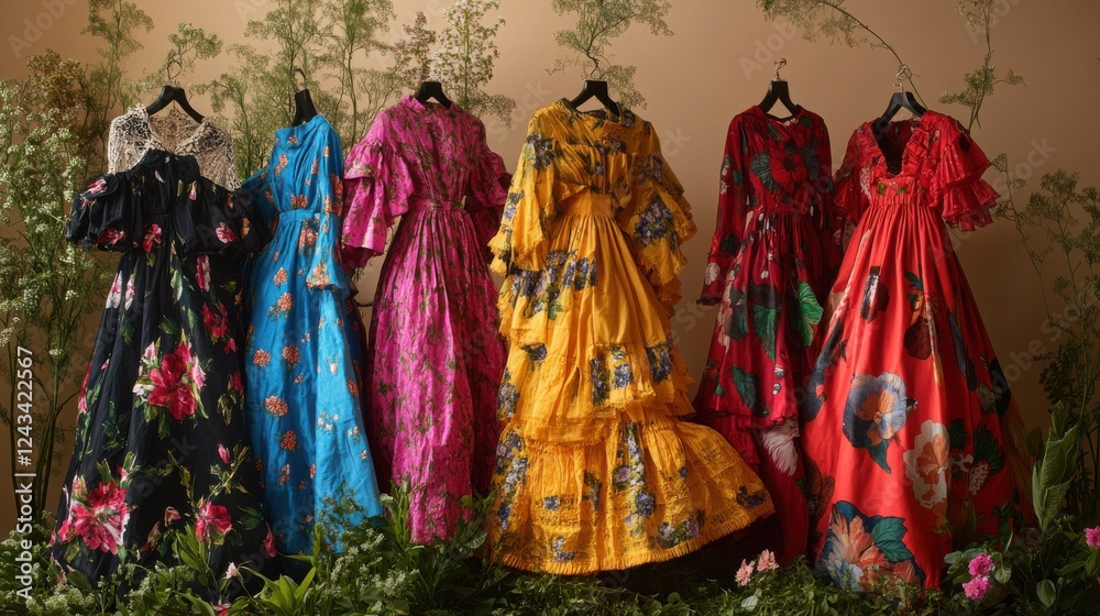 Vibrant holiday garments showcase floral patterns and summer colors in an artistic display Vibrant holiday garments showcase floral patterns and summer colors in an artistic display