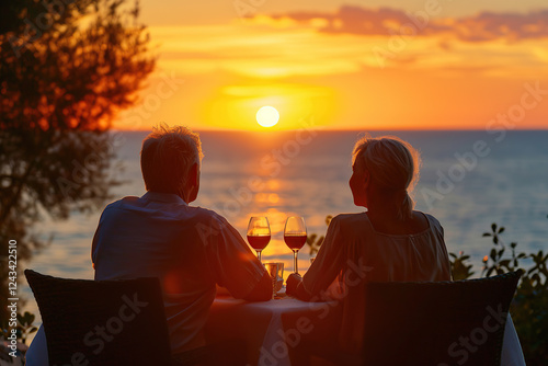 Fototapeta Naklejka Na Ścianę i Meble -  Senior couple enjoying romantic dinner near the sea on sunset background
