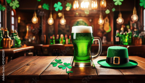 A mug of green-tinted beer sits on a wooden bar decorated with shamrocks, string lights, and a leprechaun hat for St. Patrick's Day celebrations. photo