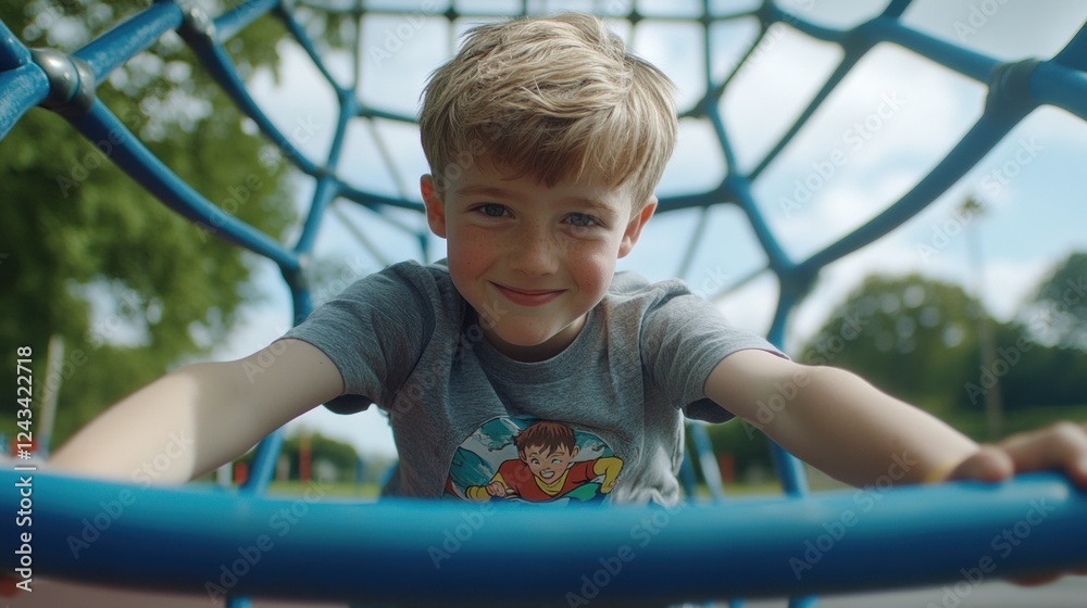 Smiling Boy Climbing Blue Playground Structure Outdoors