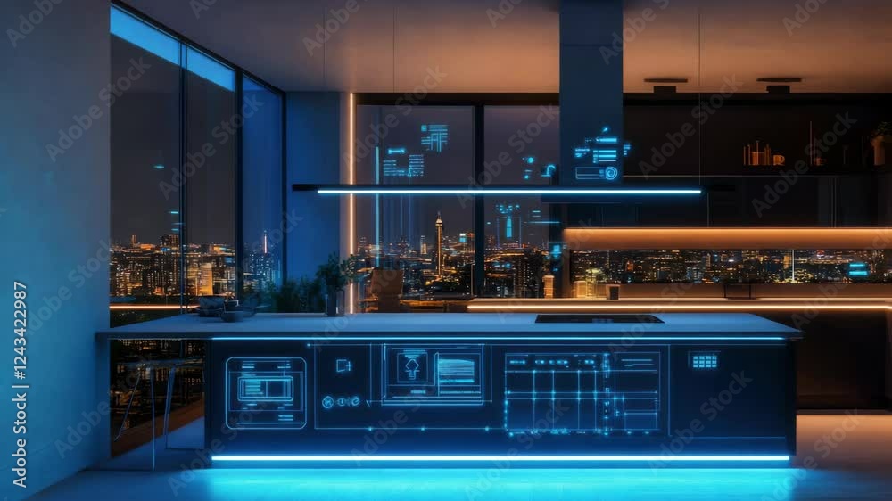 Futuristic kitchen with city view showcasing blue ambient lighting dynamics