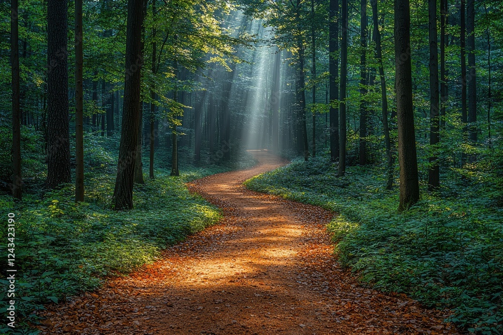 Fototapeta premium Sunlit Path Winding Through A Lush Green Forest