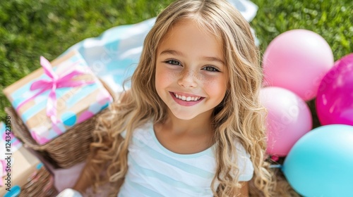 Happy Little Girl with Birthday Presents and Balloons Outdoors