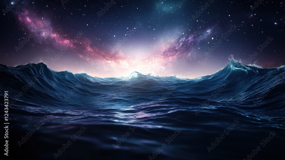 Fototapeta premium Digital Landscape of Blue Mountains Under a Starry Night Sky with Pink and Purple Nebula