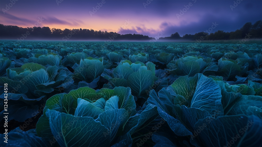 Fototapeta premium 夜明け前の柔らかな光に包まれるキャベツ畑の幻想的な風景