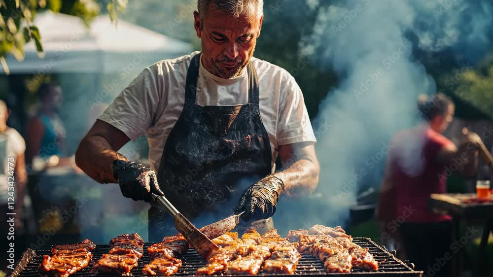 Master chef grilling succulent barbecue ribs outdoors amid smoky ambiance