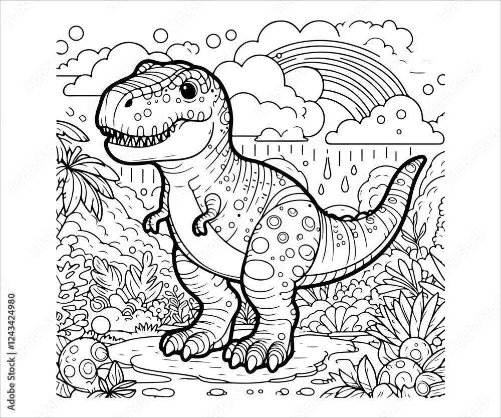 Fototapeta premium Dinosaur coloring book for adults. Black and white vector illustration.