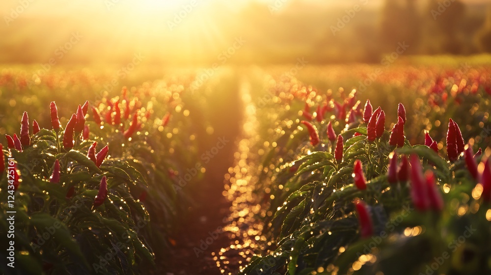 Sunset Chili Pepper Field Rows, Rural Harvest Sunset Chili Pepper Field Rows, Rural Harvest