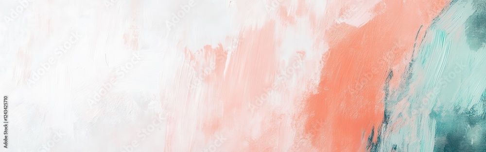 Fototapeta premium Soft pastel coral and mint brushstrokes create a serene abstract art piece in a tranquil setting