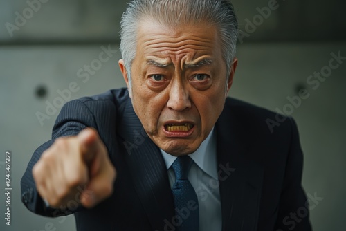 指さしで怒るシニアの日本人の男性会社員（議員・不正・管理職・内部告発・責任問題・クレーム・社会問題）