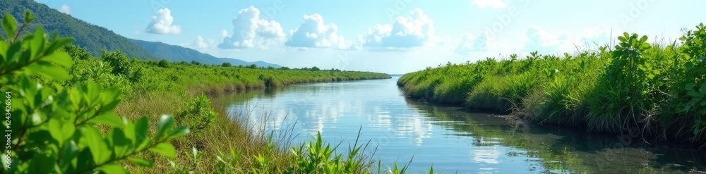 Fototapeta premium Coastal wetland with dense vegetation and saltwater, vegetation, environment
