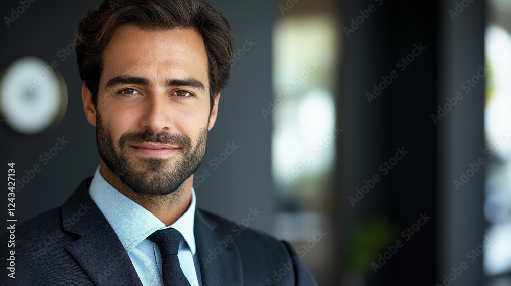 Confident young businessman in suit with slight smile in modern office setting, ideal for corporate presentations, professional profiles, and business marketing materials Confident young businessman in suit with slight smile in modern office setting, ideal for corporate presentations, professional profiles, and business marketing materials