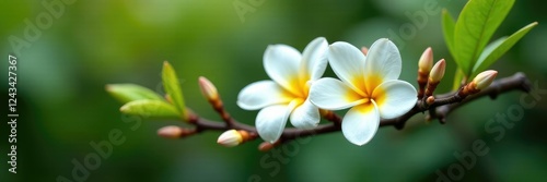 Delicate white frangipani blooms on a slender branch, tree, branches, leaves photo