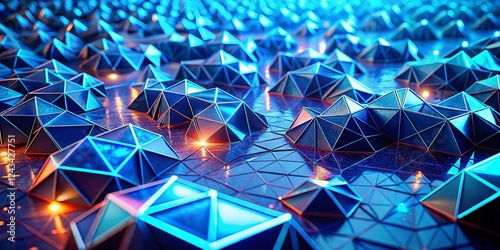 Futuristic Blue 3D Neon Tetrahedrons: Illuminated Modern Abstract Background