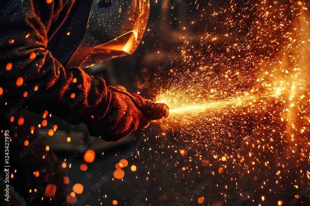 Close up, Close-up of a welder with sparks flying during metal fabrication Close up, Close-up of a welder with sparks flying during metal fabrication