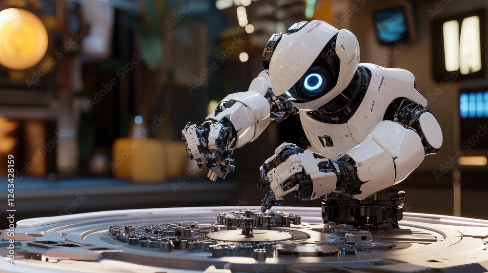 Fototapeta premium A futuristic robotic arm assembling parts in a glowing industrial setting