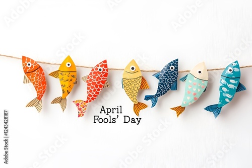 Bright fish of different colors are suspended on a rope. Below them is written 