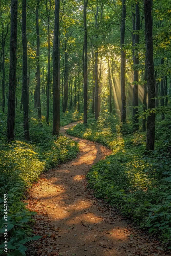 Obraz premium Sunlit Path Winding Through A Lush Green Forest