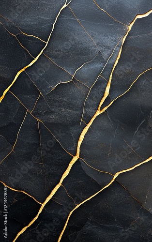 A stunning close-up of a textured surface featuring cracks filled with golden veins against a dark background, perfect for adding elegance and sophistication to any design. photo