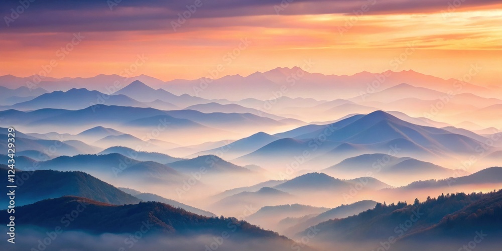 Serene Sunrise Over Misty Mountain Ranges, A Breathtaking Panorama of Rolling Hills Bathed in Soft, Pastel Hues Serene Sunrise Over Misty Mountain Ranges, A Breathtaking Panorama of Rolling Hills Bathed in Soft, Pastel Hues