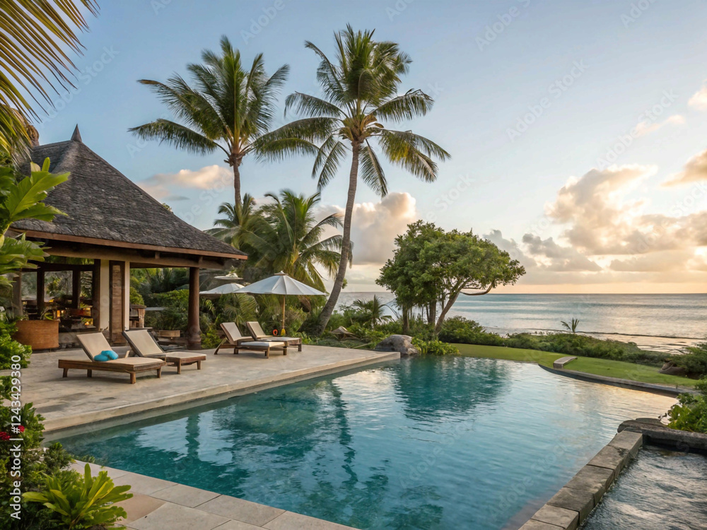 Fototapeta premium A visually appealing image that evokes a sense of relaxation and luxury, showcasing a resort pool with an ocean view
