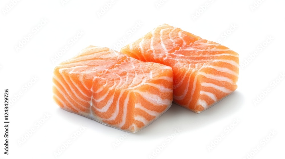 Two Raw Salmon Cubes on White Background Two Raw Salmon Cubes on White Background