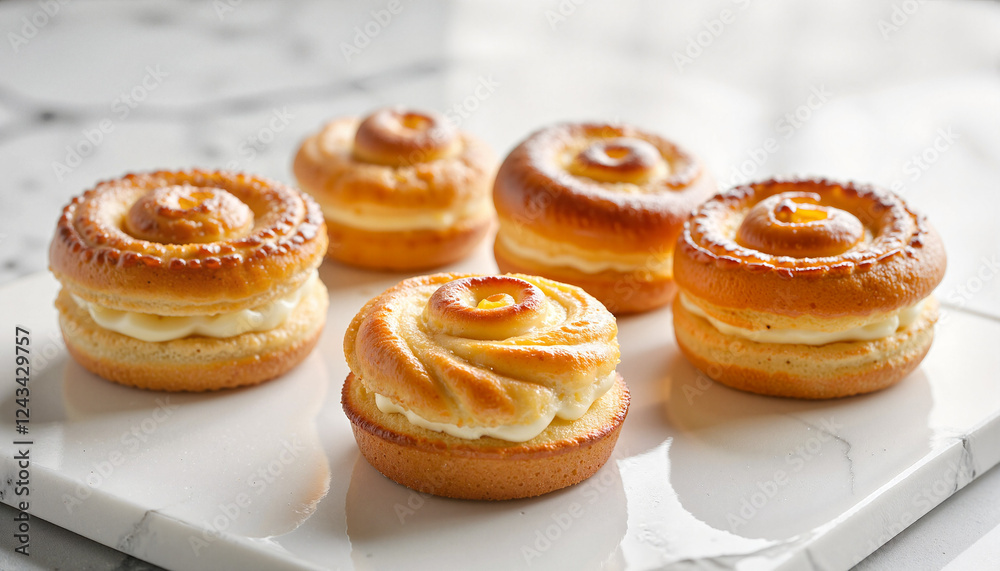 Delicious Danish pastries with creamy fillings on marble surface, indulgence Delicious Danish pastries with creamy fillings on marble surface, indulgence