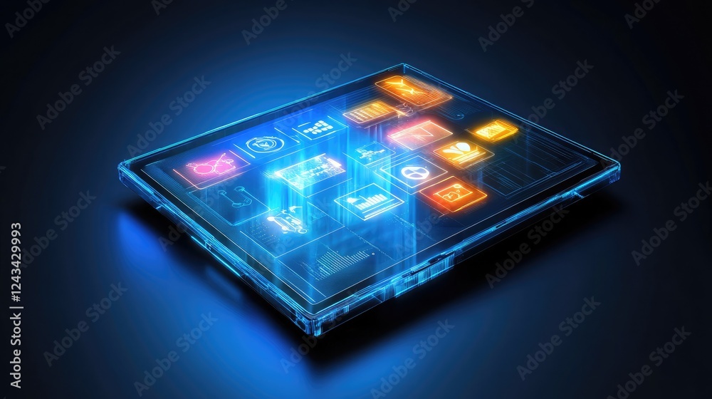 custom made wallpaper toronto digitalA glowing transparent tablet with futuristic icons projected above its surface