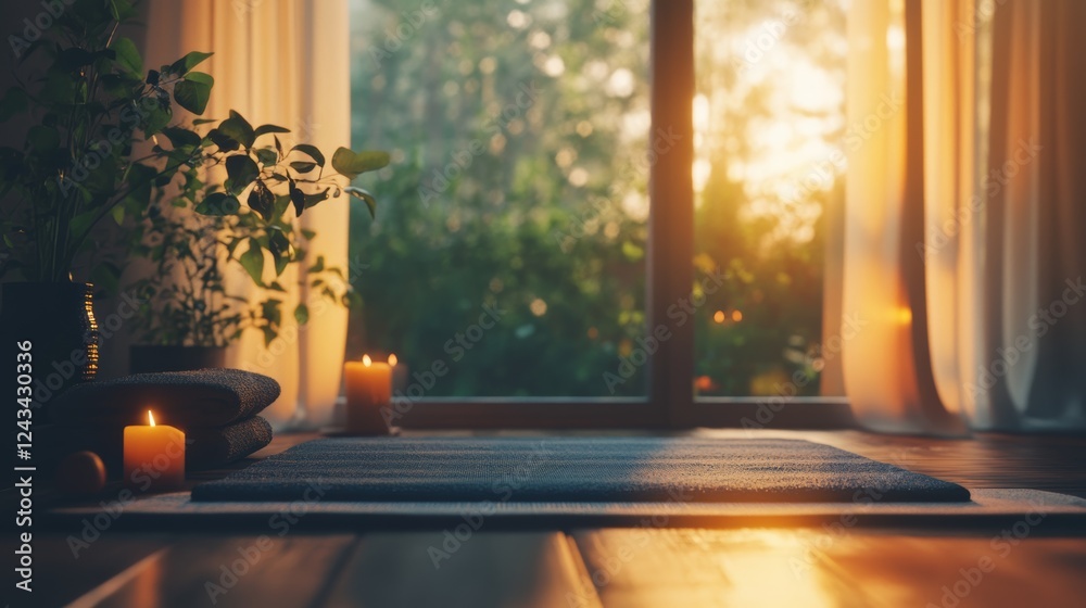 Fototapeta premium A serene interior scene featuring a rug, candles, and greenery, illuminated by soft sunlight filtering through sheer curtains.