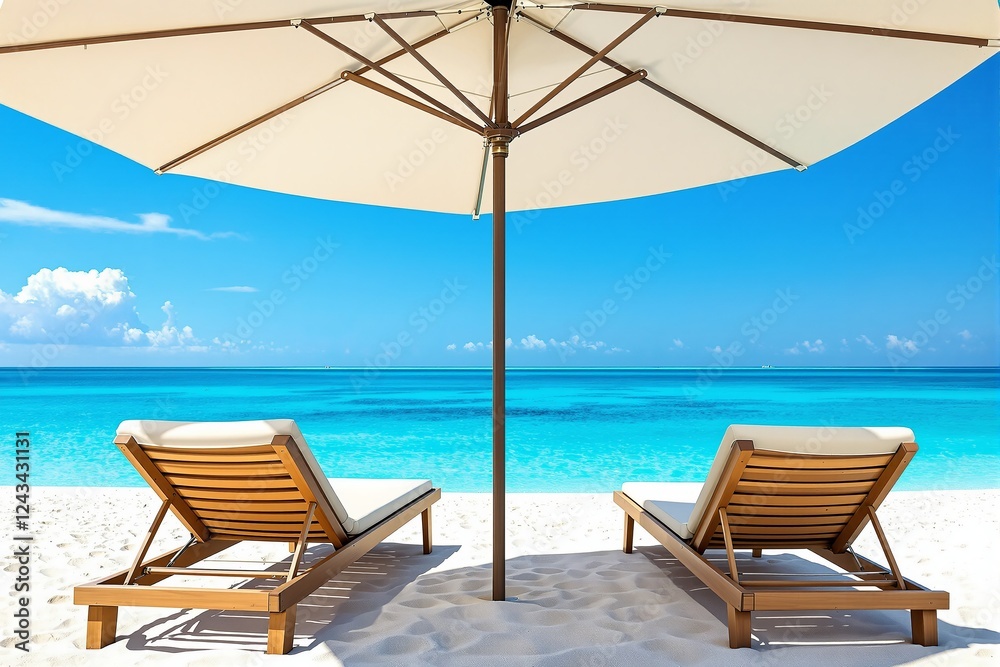 Fototapeta premium Wooden sun loungers under a large umbrella on a white sandy beach with turquoise ocean and blue sky in the background. Vacation and relaxation concept. Ai generative