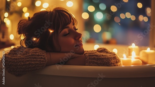 A serene woman relaxes in a bath surrounded by soft candlelight and glowing fairy lights, creating a cozy, tranquil atmosphere. photo