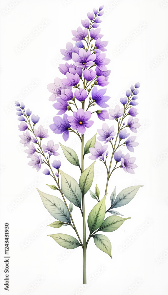 Obraz premium Watercolor illustration of honesty plant with violet flowers, spring celebration