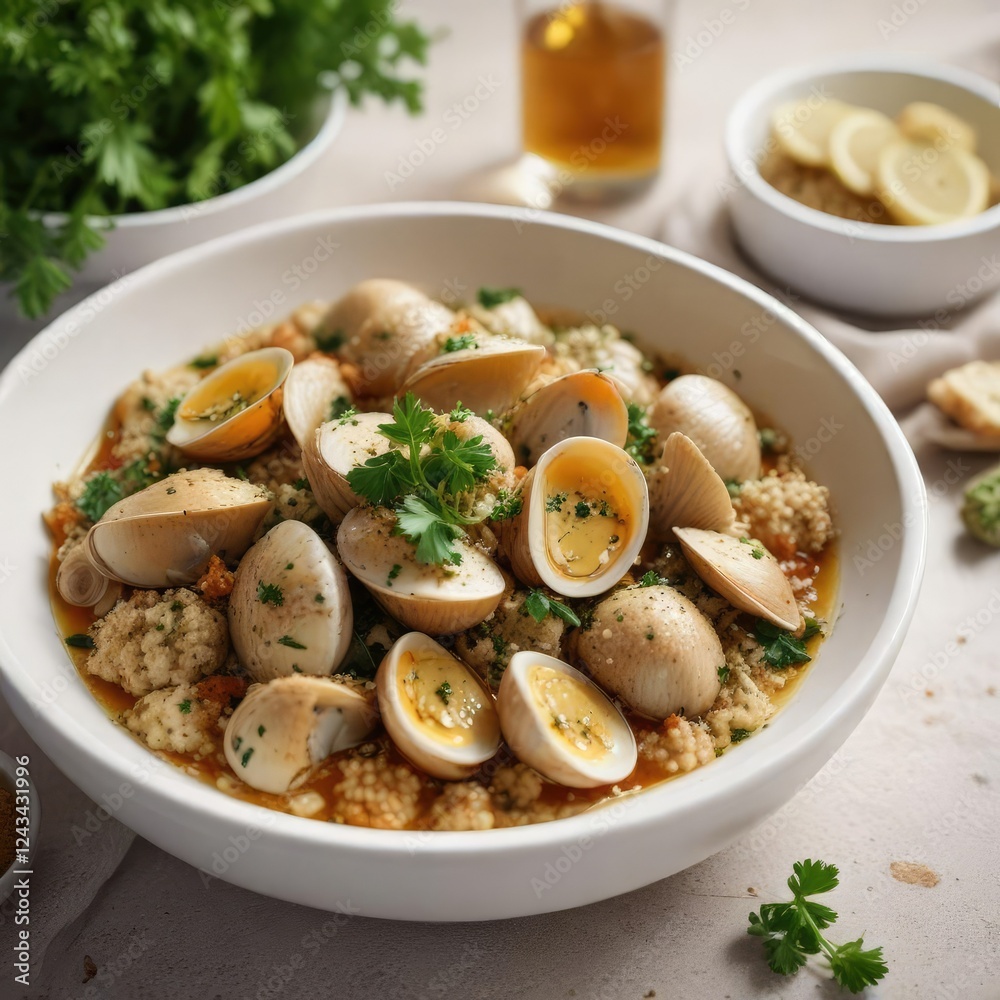 Steamed clams served in a shallow white ceramic bowl with a side of orrganata sauce and garnished with parsley and breadcrumbs, seafood, oreganata Steamed clams served in a shallow white ceramic bowl with a side of orrganata sauce and garnished with parsley and breadcrumbs, seafood, oreganata