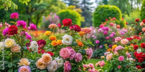 Vibrant rose bushes in full bloom amidst lush greenery and colorful flowers in a serene summer garden setting, landscape