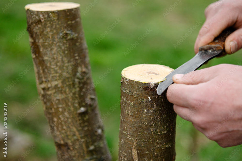 Grafted fruit tree. Spring grafting of trees. The farmer looks after the orchard Grafted fruit tree. Spring grafting of trees. The farmer looks after the orchard