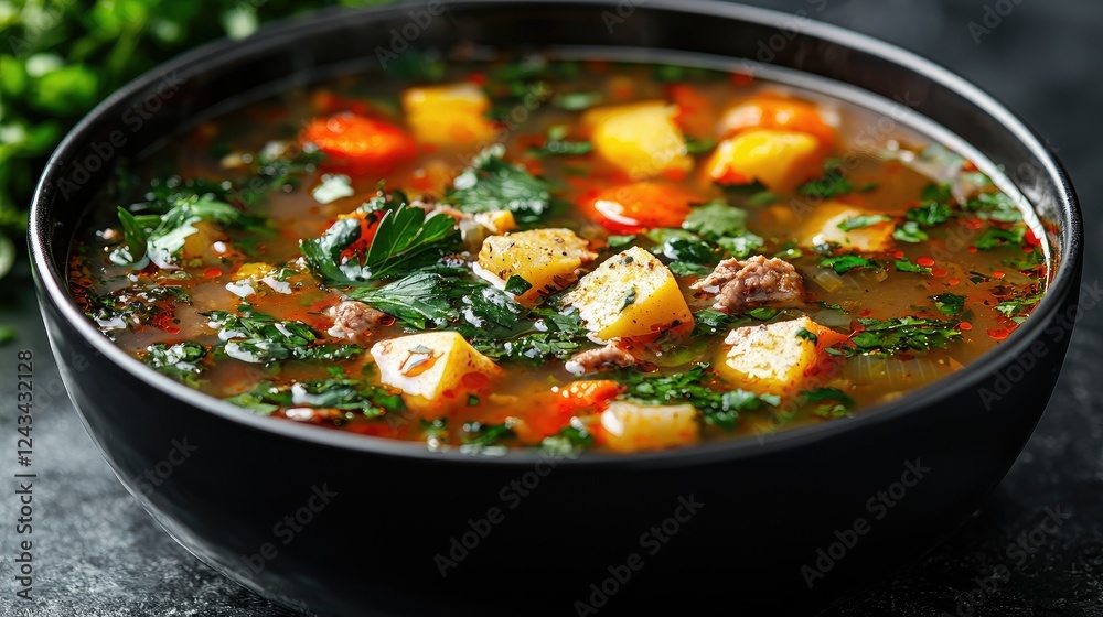 Hearty Beef and Potato Vegetable Soup in a Bowl