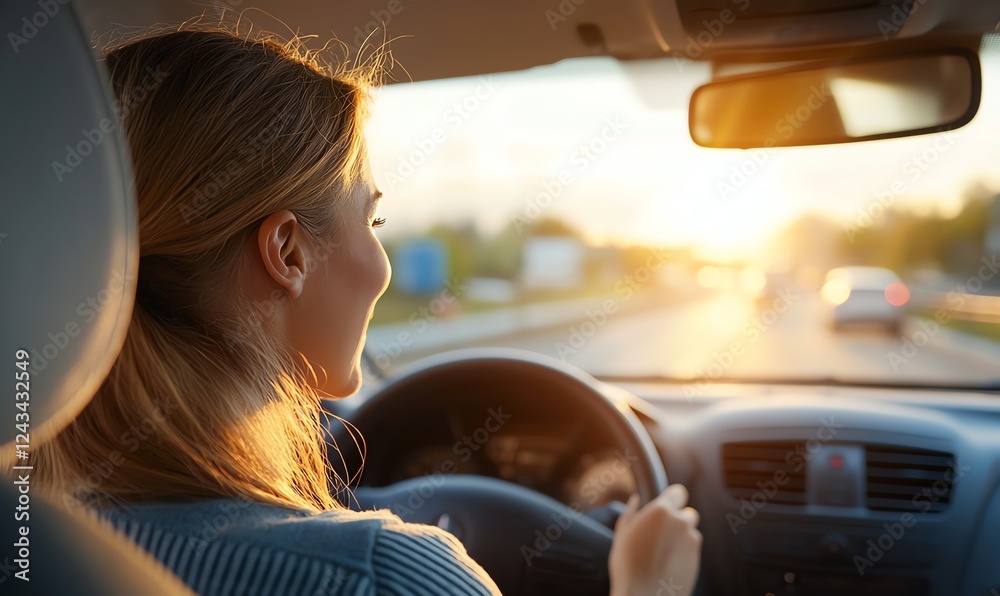 Fototapeta premium A young woman enjoying a scenic drive, smiling as she navigates the open road during sunset, embodying freedom and adventure.