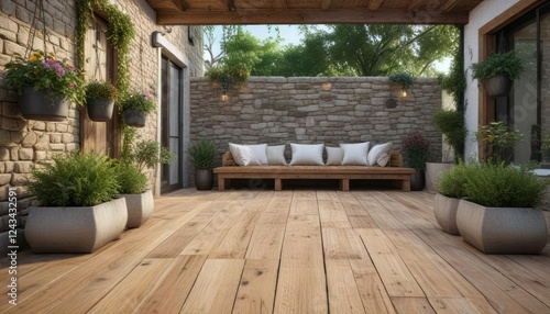Stone patio with wooden deck and hanging planters  rustic charm  outdoor furniture  hanging plants