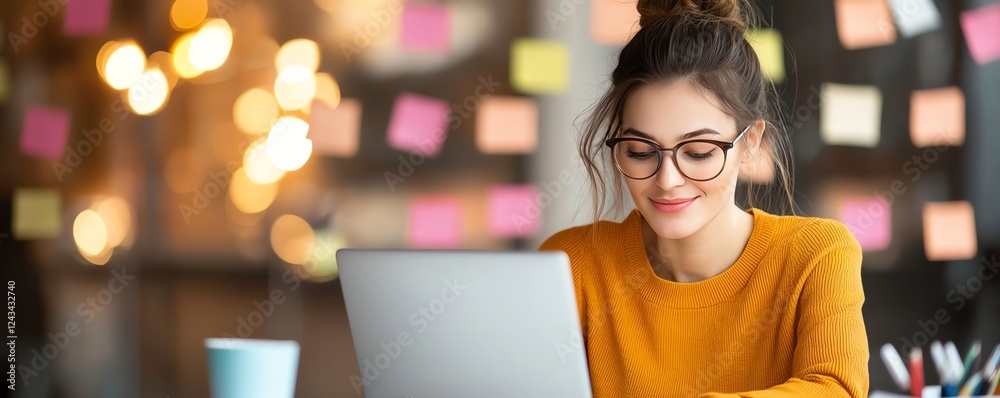 A young woman in an orange sweater works intently on her laptop, surrounded by colorful sticky notes. The bright and cozy workspace inspires creativity and productivity.